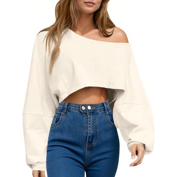 Sweaters - Women's Oversized Off Shoulder Cropped Sweatshirt Long Sleeve Casual Top